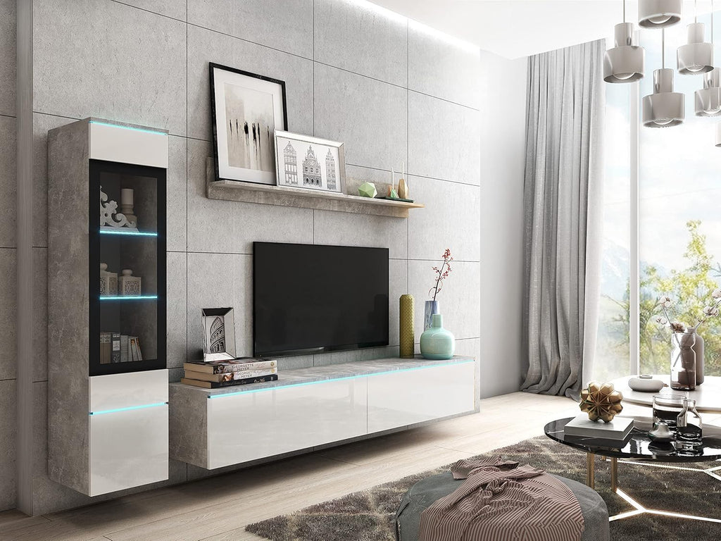 Ensemble de salon Piaski Vera I, éclairage LED en option, couleurs variées (béton/blanc brillant, sans éclairage LED)