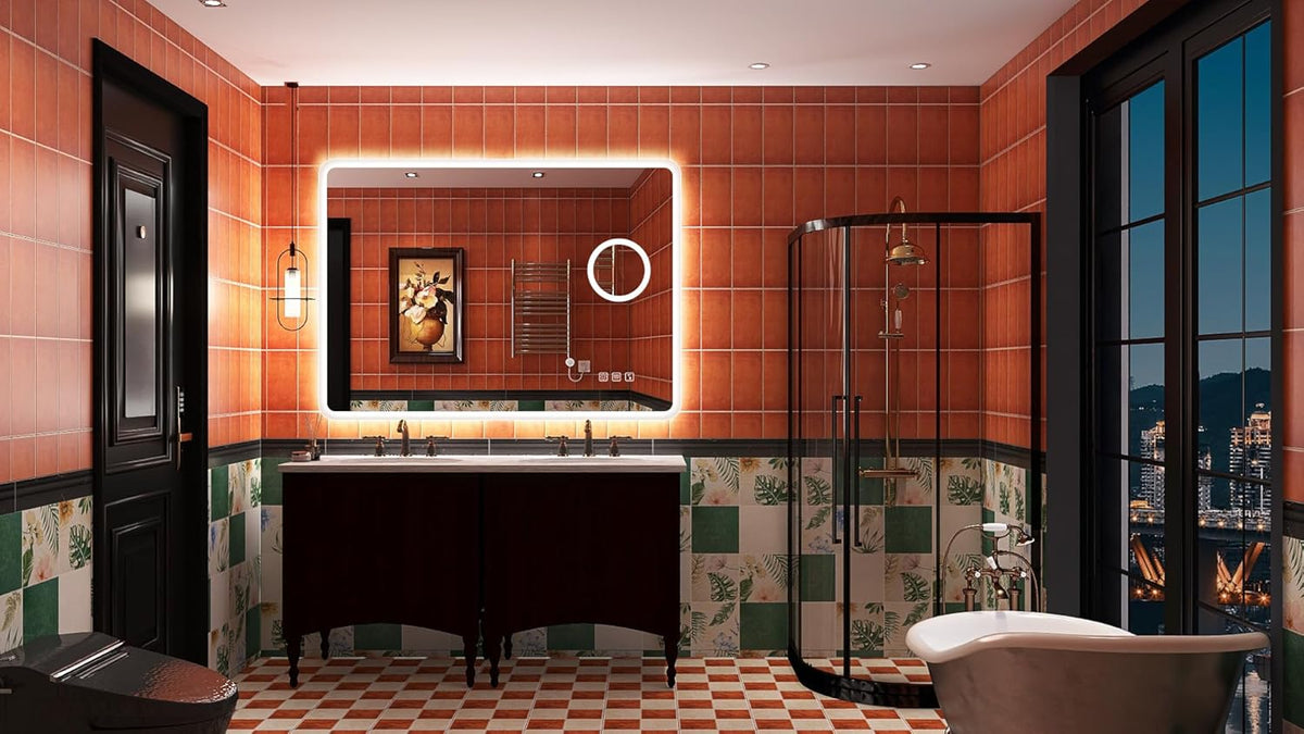 Miroir de salle de bain S'bagno avec éclairage 1200 x 700 mm, IP44, LED, Bluetooth, antibuée, 3 couleurs de lumière (3 000 K, 4 000 K, 6 500 K), intensité variable, mémoire, vertical ou horizontal. Miroirs de salle de bain avec LED.