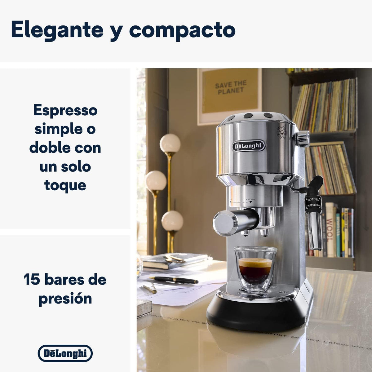 Machine à café De'Longhi Dedica - Acier inoxydable, pompe, pour café moulu ou dosettes, expresso et cappuccino, réservoir de 1,3 litre, système anti-gouttes, modèle EC685.M, couleur métal