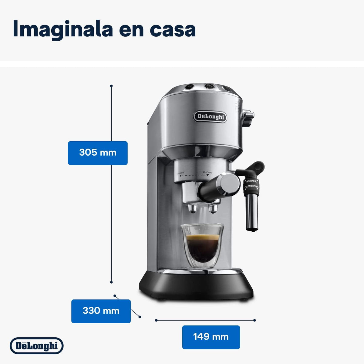 Machine à café De'Longhi Dedica - Acier inoxydable, pompe, pour café moulu ou dosettes, expresso et cappuccino, réservoir de 1,3 litre, système anti-gouttes, modèle EC685.M, couleur métal