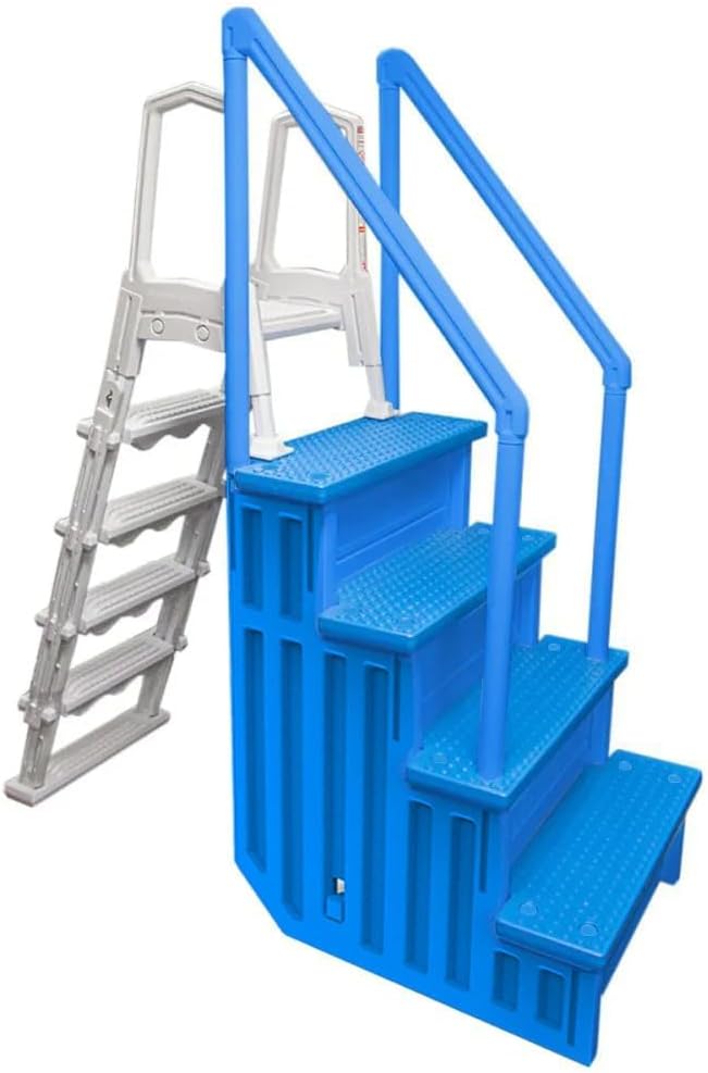 Marches antidérapantes Aqua Select pour piscines hors sol | Bleues | Pour piscines hors sol | Installation possible sur des terrasses de 122 à 137 cm de hauteur | Échelle de sécurité supportant jusqu'à 113 kg
