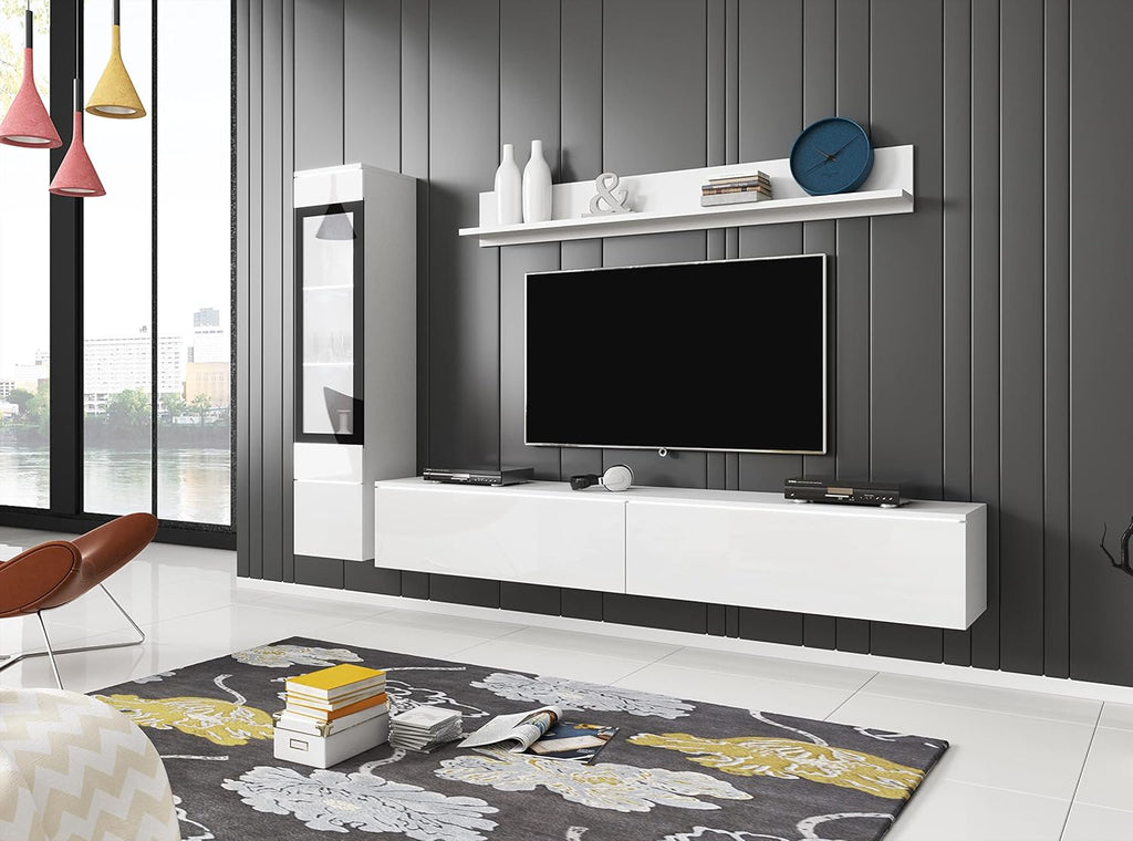 Ensemble de salon Piaski Vera I, éclairage LED en option, couleurs variées (béton/blanc brillant, sans éclairage LED)