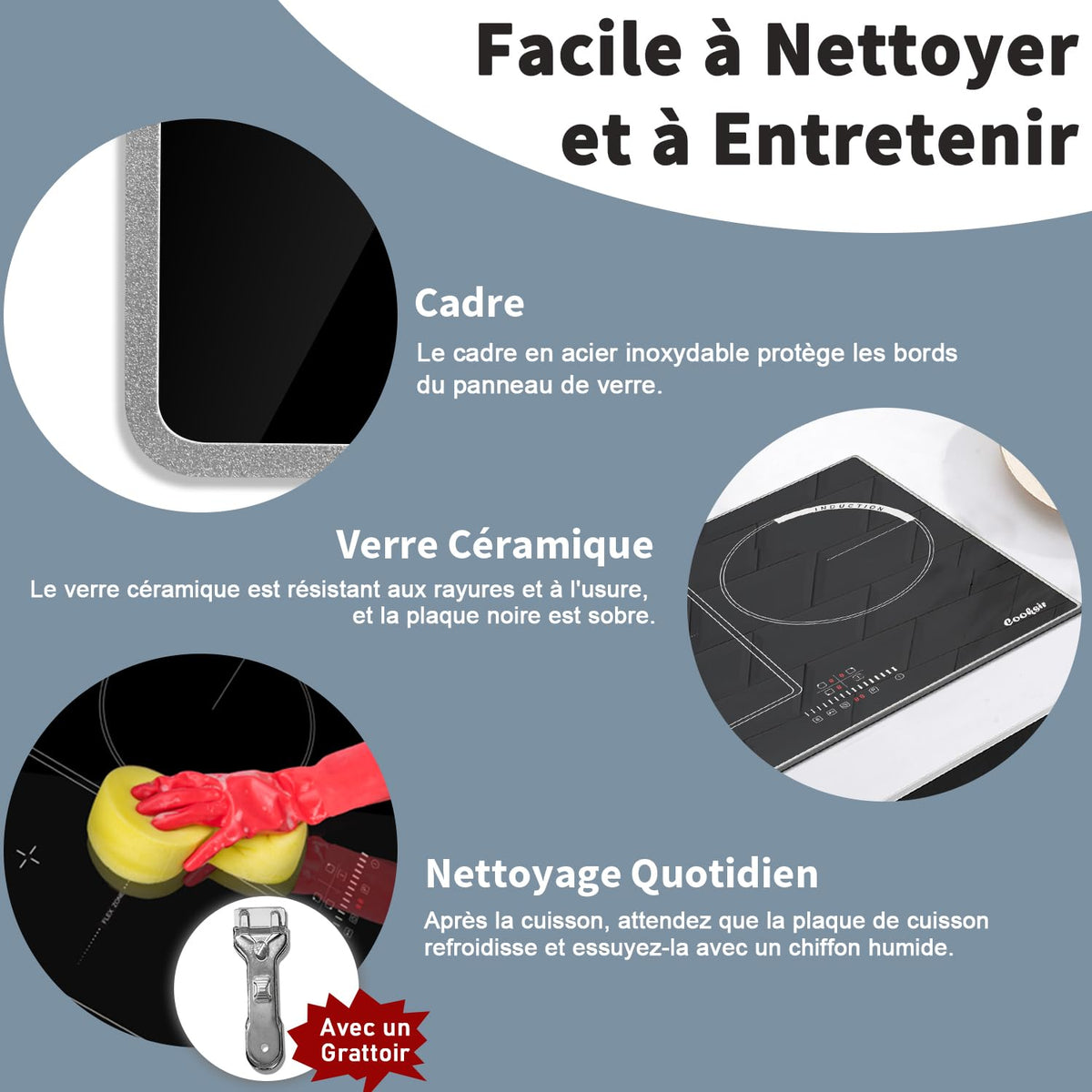 Cooksir Plaque Induction 3 Feux avec Cadre, Table de Cuisson Induction 60cm Encastrable, 6800W, Commande Tactile à Curseur, Bord Inox, Zone Flexibles