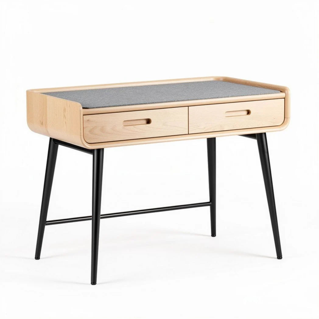 Table de bureau en bois de hêtre avec deux tiroirs et surface grise 100 x 50 x 75cm