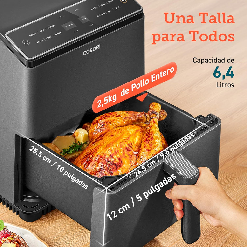 Friteuse à air sans huile COSORI 6,4 L, double chauffage, sans remuer ni préchauffer, avec recettes en espagnol et 12 programmes, gris foncé, modèle CAF-P583S