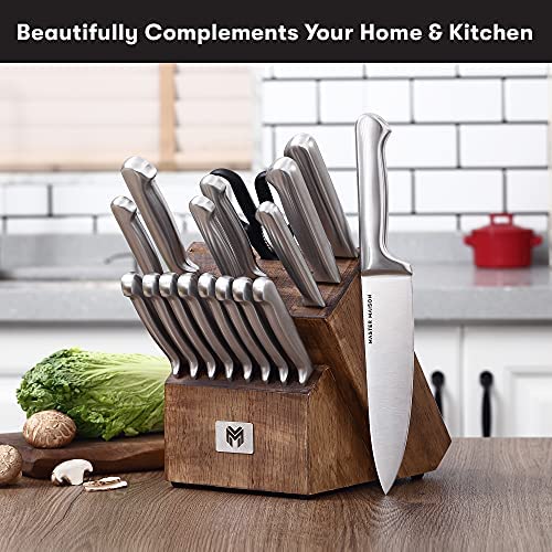 Coffret de couteaux de cuisine haut de gamme 19 pièces avec bloc en bois | Ménagère Master Maison en acier inoxydable allemand avec aiguiseur et 8 couteaux à steak