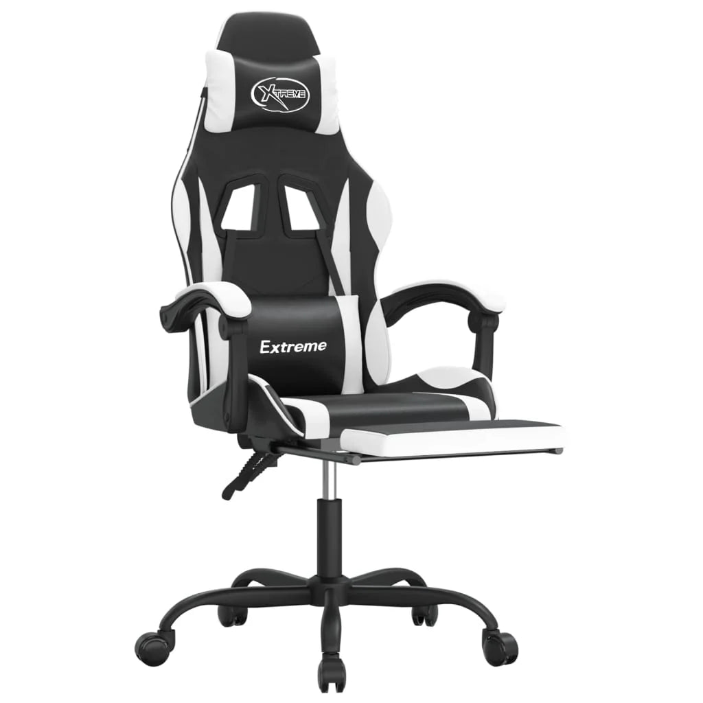 Chaise de jeu 2025 avec repose-pieds pivotant, similicuir noir et blanc V8635