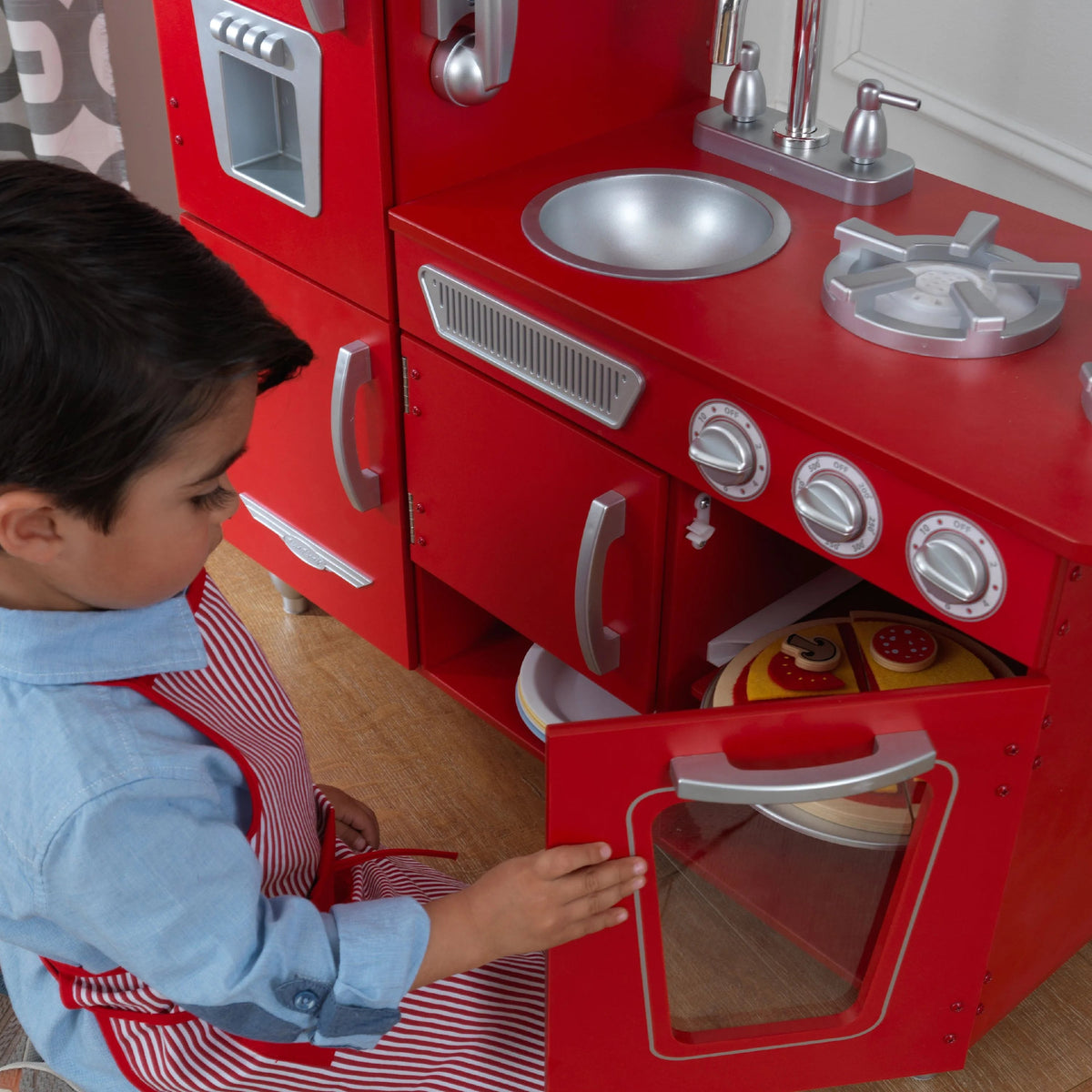 Cuisine jouet vintage en bois rouge KidKraft avec téléphone jouet