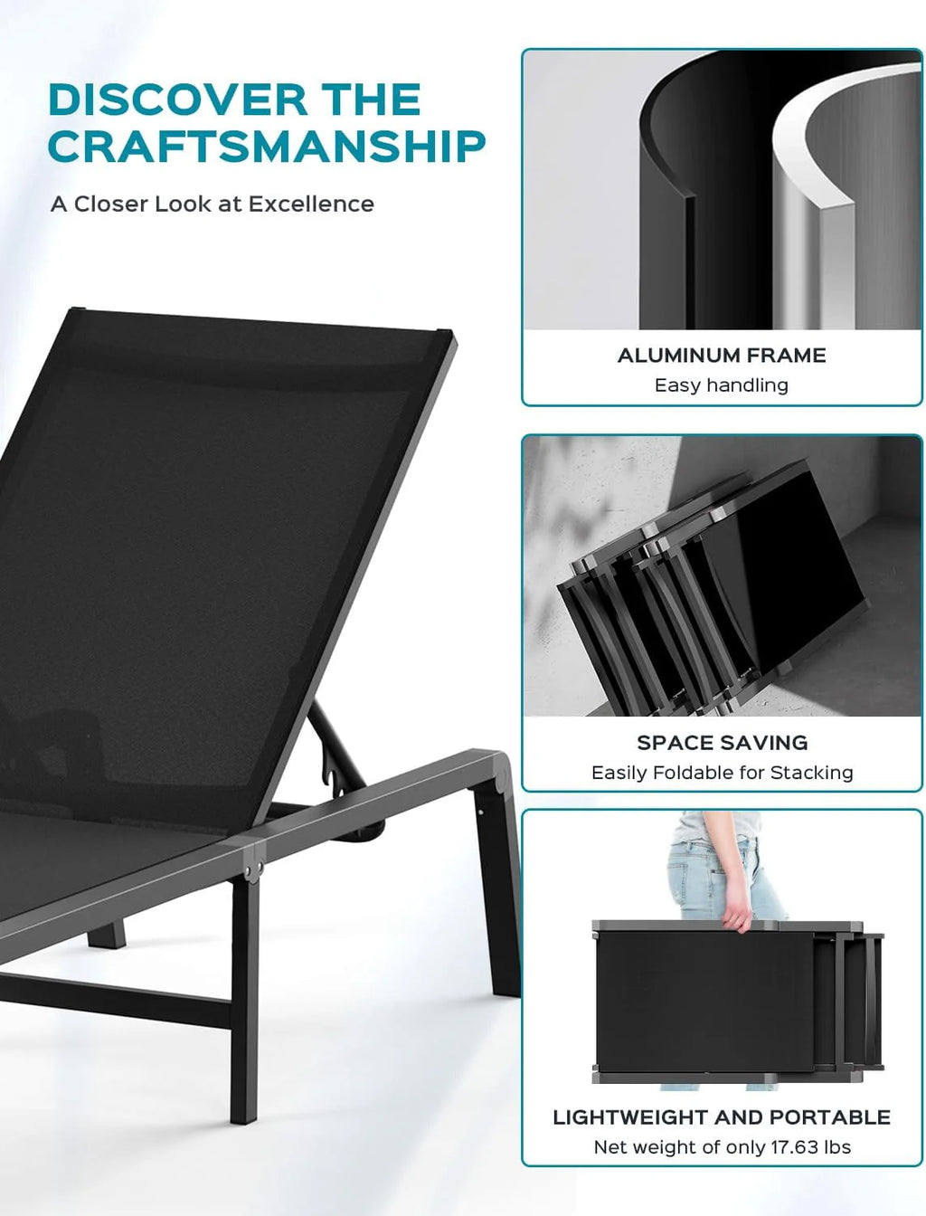 Chaise longue de jardin pliante en aluminium, sans montage, avec dossier réglable 5 positions, idéale pour terrasse, piscine et plage – Noir
