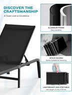Chaise longue de jardin pliante en aluminium, sans montage, avec dossier réglable 5 positions, idéale pour terrasse, piscine et plage – Noir