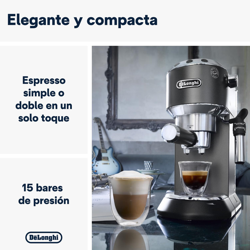 Machine à café De'Longhi Dedica - Acier inoxydable, pompe, pour café moulu ou dosettes, expresso et cappuccino, réservoir de 1,3 litre, système anti-gouttes, modèle EC685.M, couleur métal