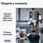 Machine à café De'Longhi Dedica - Acier inoxydable, pompe, pour café moulu ou dosettes, expresso et cappuccino, réservoir de 1,3 litre, système anti-gouttes, modèle EC685.M, couleur métal