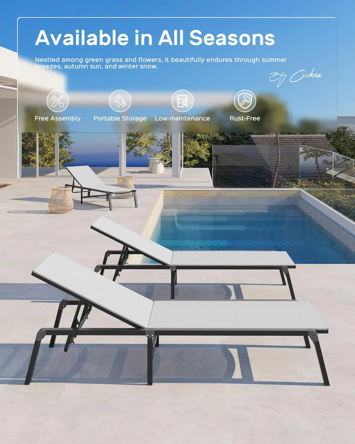 Chaise longue de jardin pliante en aluminium, sans montage, avec dossier réglable 5 positions, idéale pour terrasse, piscine et plage – Noir