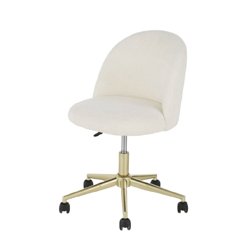 Chaise de bureau en tissu bouclette blanche avec base dorée pivotante