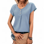 Haut Femme Col Rond Boutonné Manches Courtes