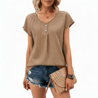 Haut Femme Col Rond Boutonné Manches Courtes