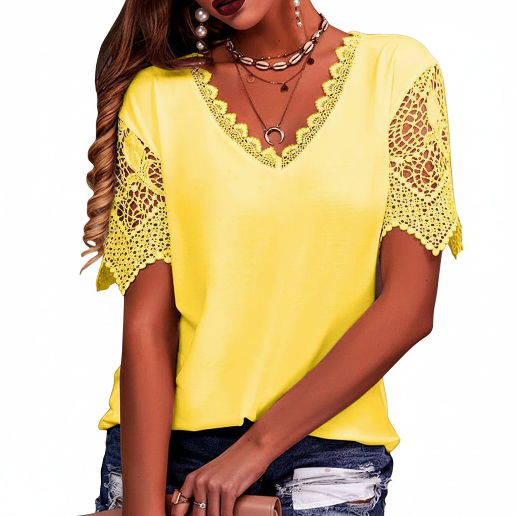 Haut Femme Dentelle Col V Manches Courtes