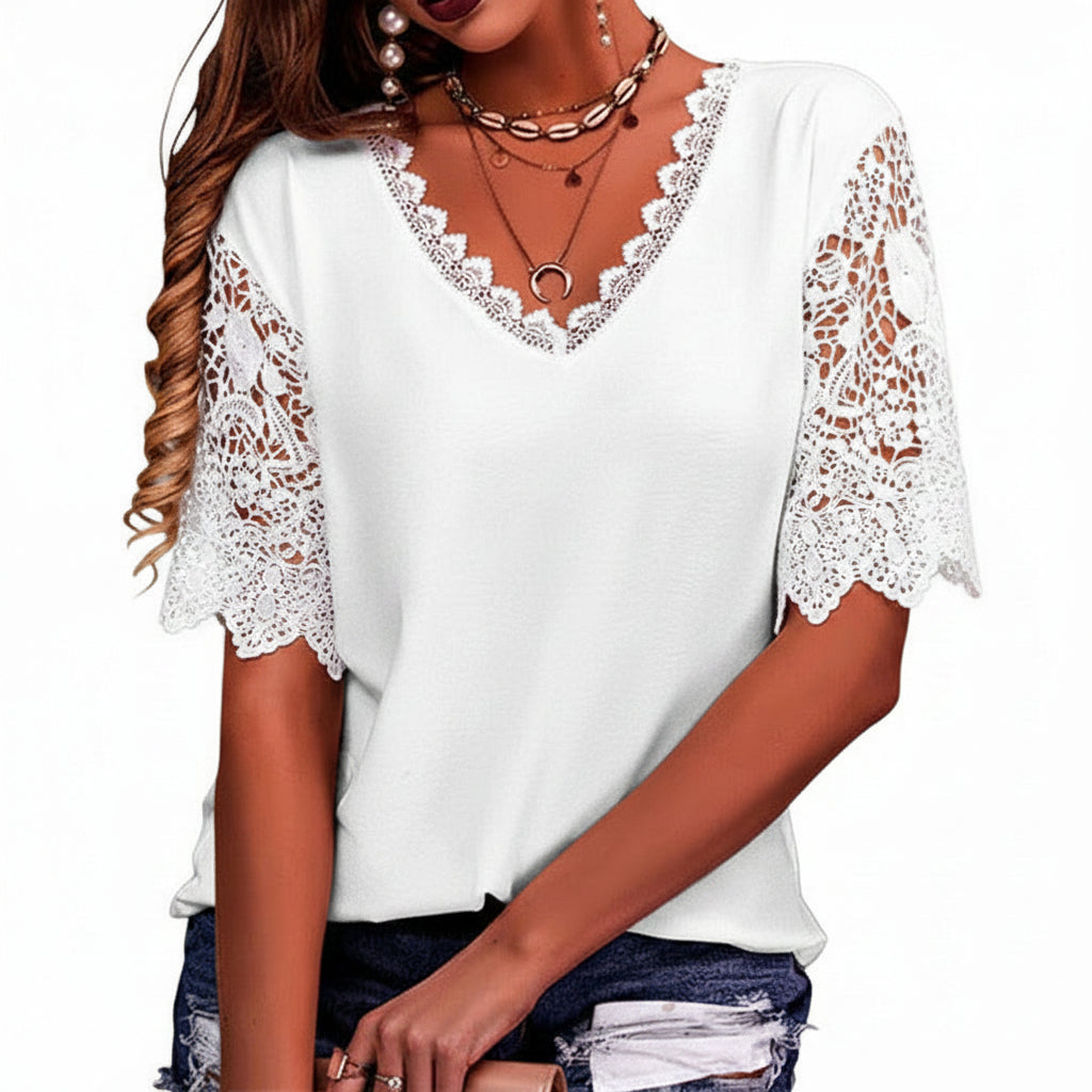 Haut Femme Dentelle Col V Manches Courtes