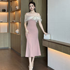 Robe Femme Élégante Rose Taille Haute Chic