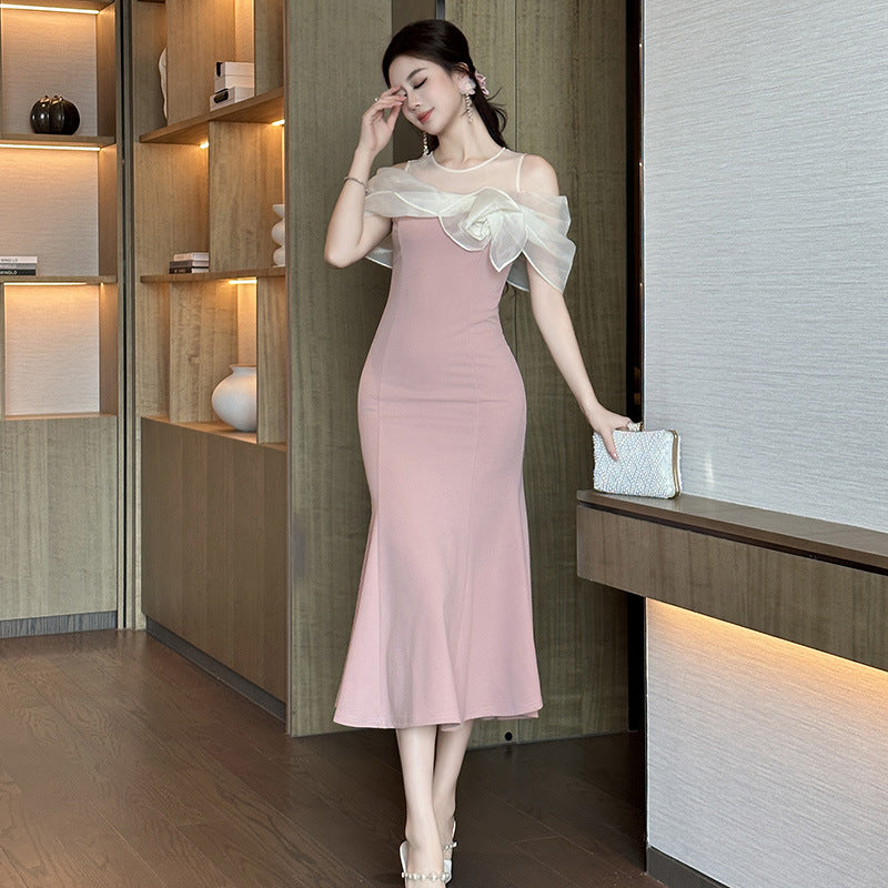 Robe Femme Élégante Rose Taille Haute Chic