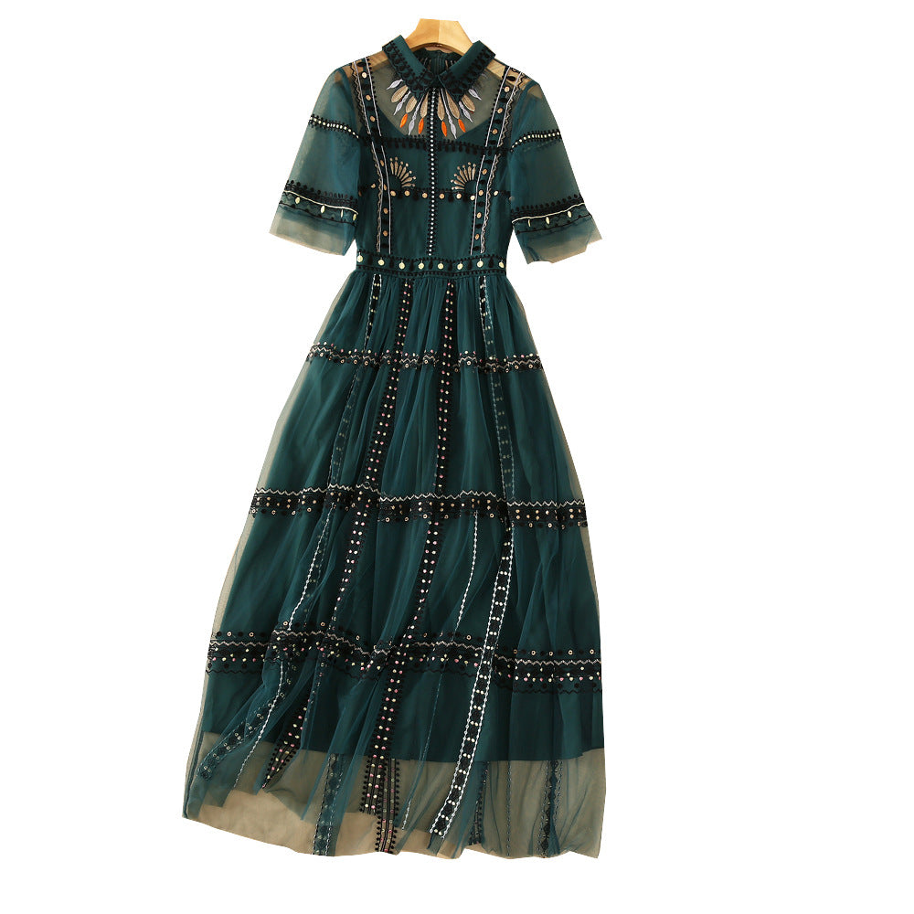 Robe Longue Femme Brodée En Maille Élégante