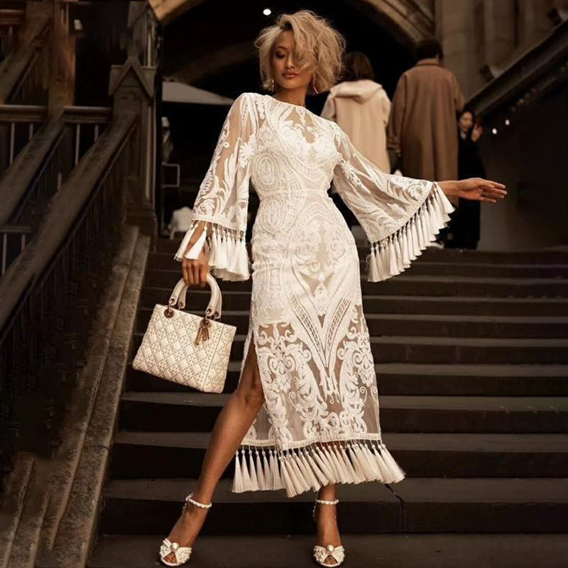 Robe Longue Femme Dentelle Blanche Élégante