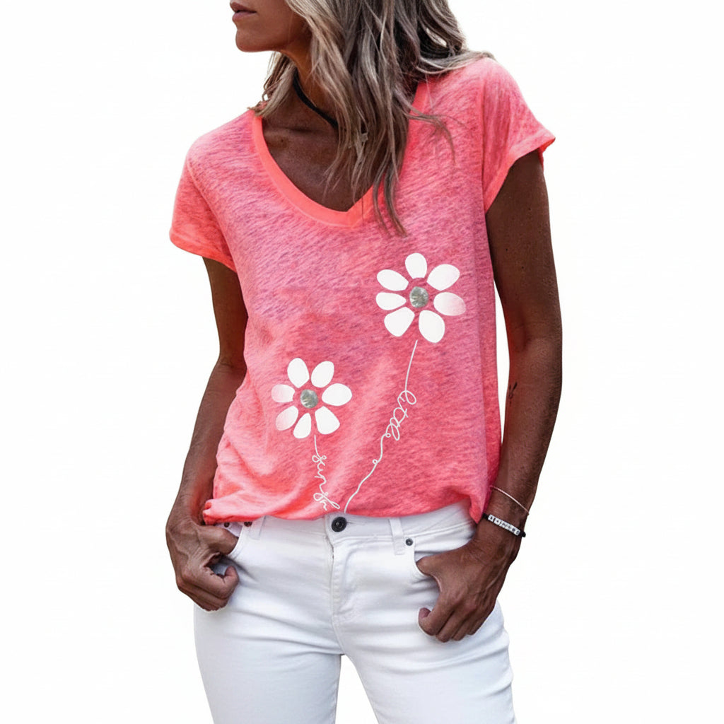 T-shirt Femme Imprimé Décontracté à Col V Élégant