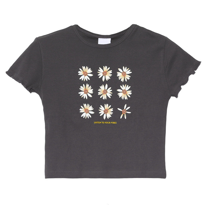 Women's Printed T-Shirt with Ruffled Sleeves, Casual Style