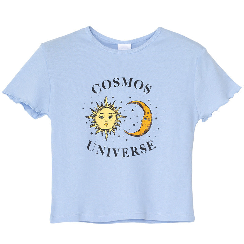 Women's Printed T-Shirt with Ruffled Sleeves, Casual Style