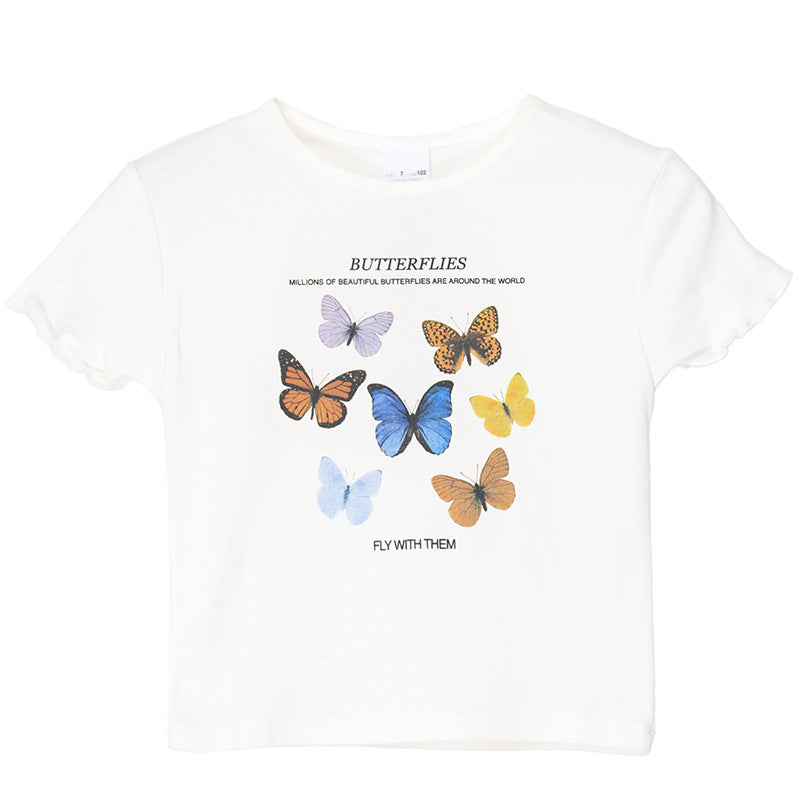 Women's Printed T-Shirt with Ruffled Sleeves, Casual Style