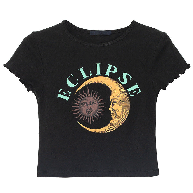 Women's Printed T-Shirt with Ruffled Sleeves, Casual Style