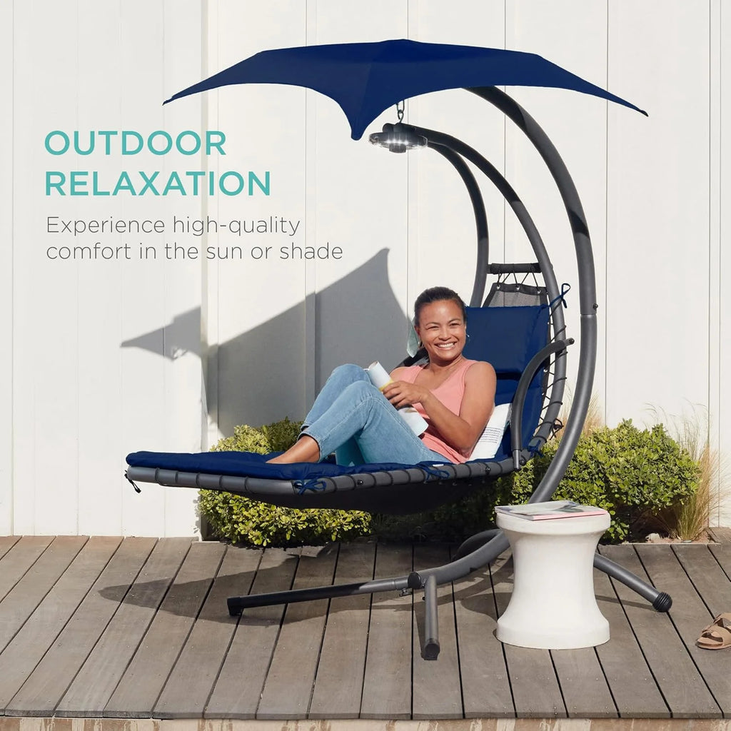 Chaise longue suspendue d'extérieur Best Choice Products – Fauteuil à bascule incurvé en acier avec coussin intégré et auvent amovible – Gris anthracite