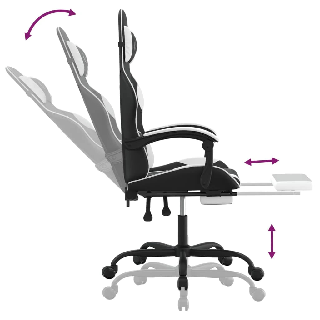 Chaise de jeu 2025 avec repose-pieds pivotant, similicuir noir et blanc V8635