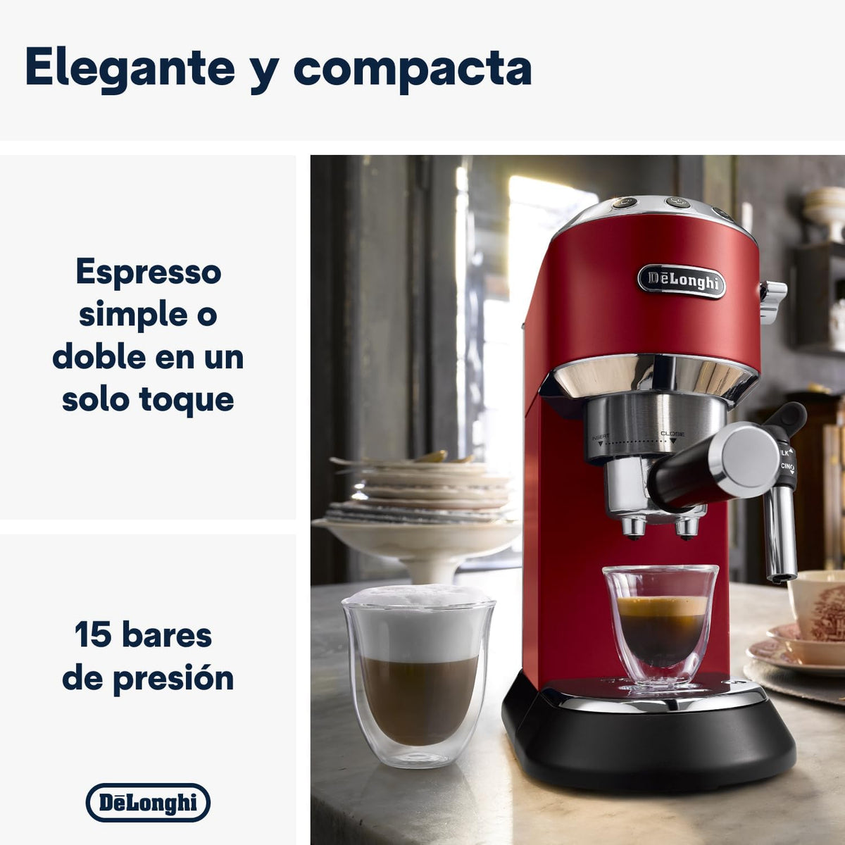 Machine à café De'Longhi Dedica - Acier inoxydable, pompe, pour café moulu ou dosettes, expresso et cappuccino, réservoir de 1,3 litre, système anti-gouttes, modèle EC685.M, couleur métal