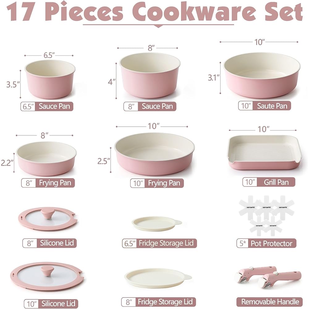 SENSARTE 17 Pièces Lot Poele et Casserole Induction, Revêtement Céramique Antiadhésif, Batterie de Cuisine avec Couvercle, Poignées Amovibles，Empilable, Compatible Lave-vaisselle, Sans PFOA et PFAS : Cuisine et Maison