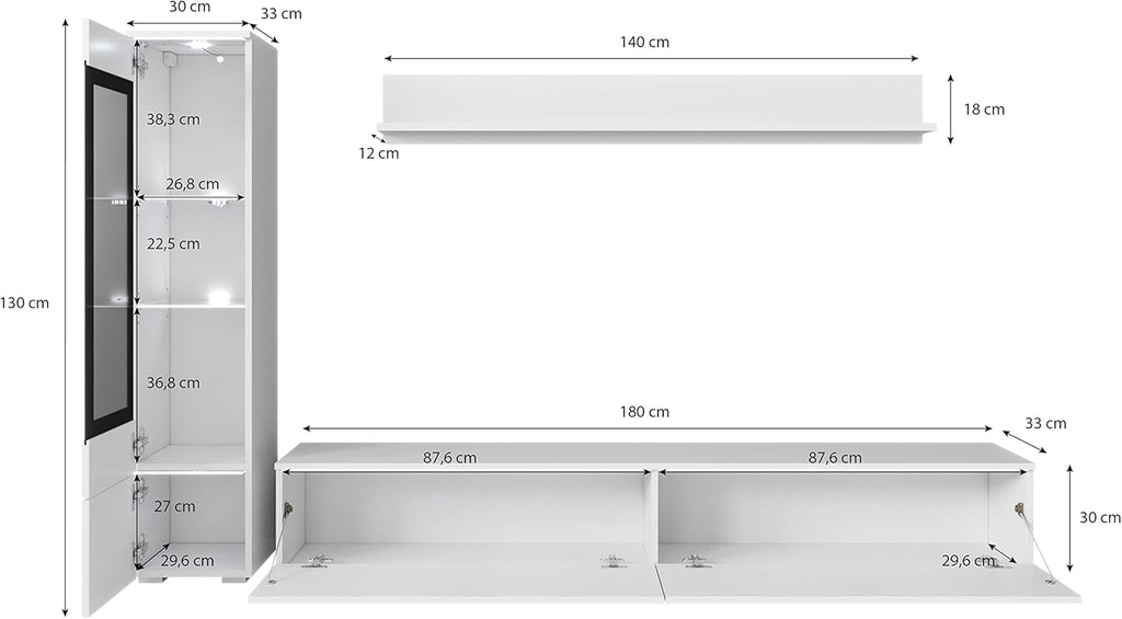 Ensemble de salon Piaski Vera I, éclairage LED en option, couleurs variées (béton/blanc brillant, sans éclairage LED)