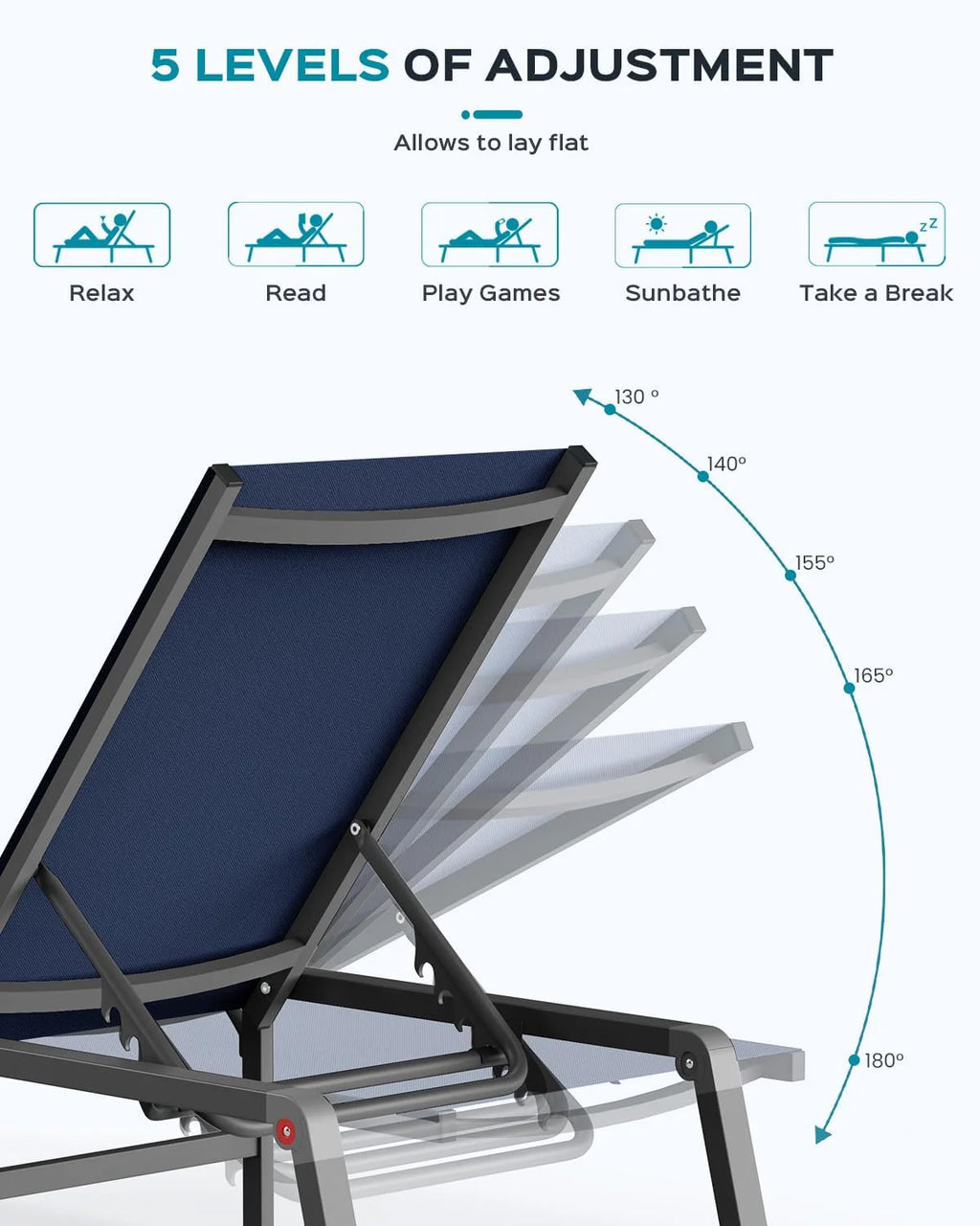 Chaise longue de jardin pliante en aluminium, sans montage, avec dossier réglable 5 positions, idéale pour terrasse, piscine et plage – Noir