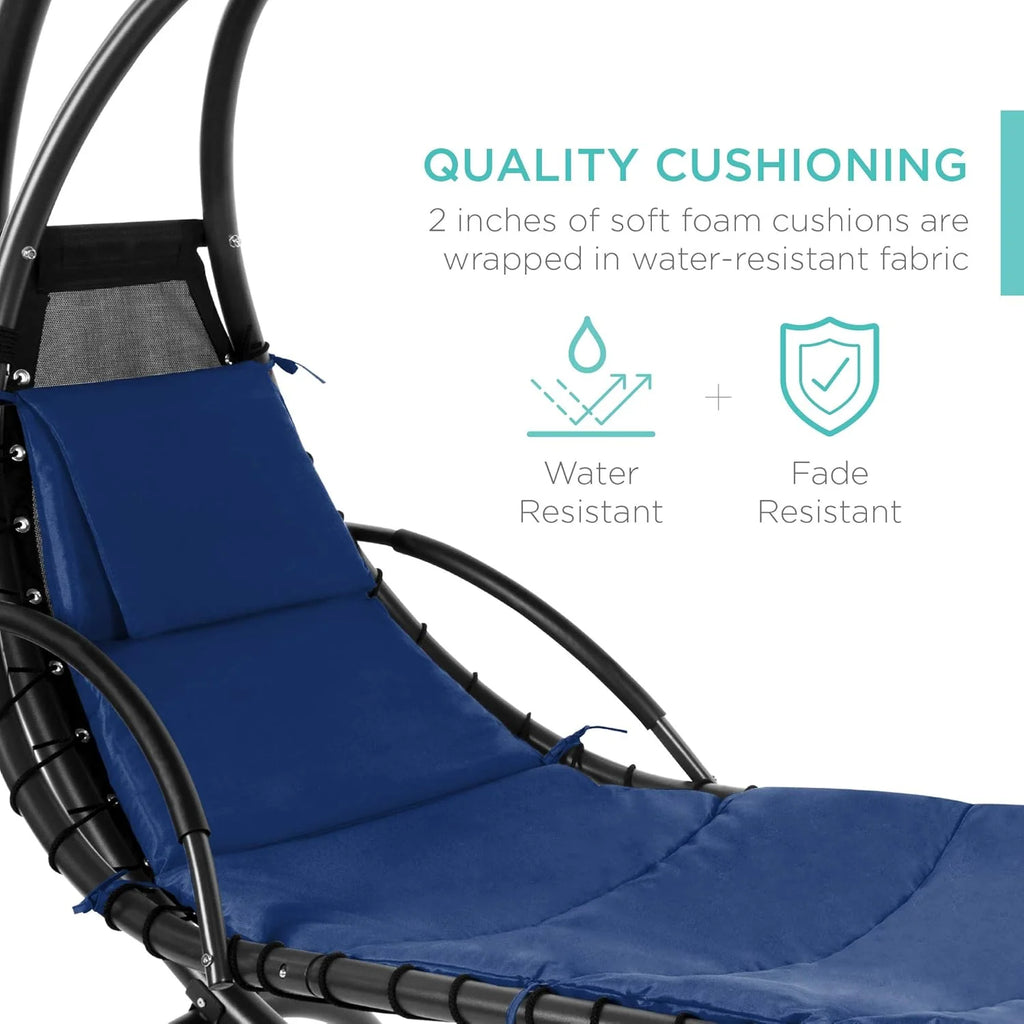 Chaise longue suspendue d'extérieur Best Choice Products – Fauteuil à bascule incurvé en acier avec coussin intégré et auvent amovible – Gris anthracite