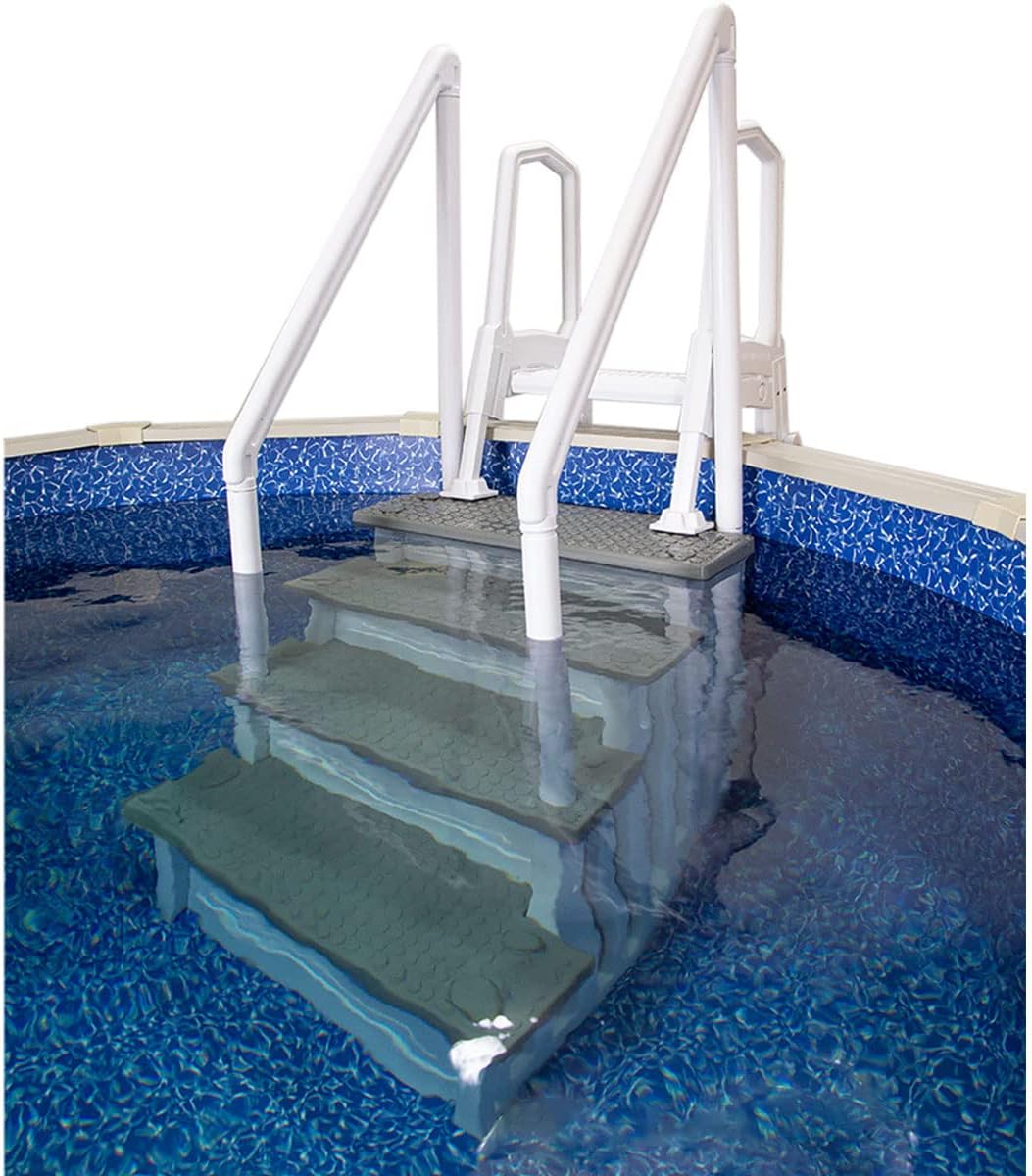 Échelle antidérapante pour piscines hors sol | Grise | Pour piscines hors sol avec une hauteur de terrasse de 122 à 137 cm | Échelle de sécurité supportant jusqu'à 136 kg
