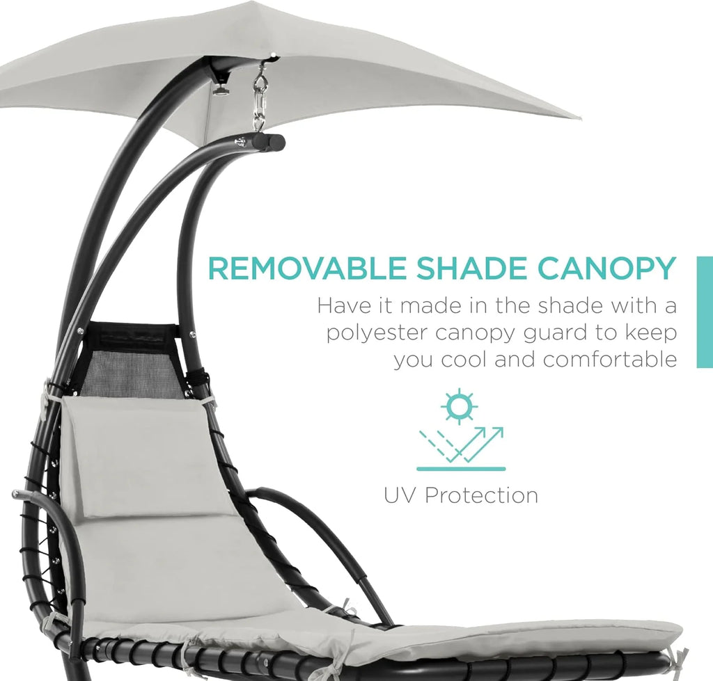 Chaise longue suspendue d'extérieur Best Choice Products – Fauteuil à bascule incurvé en acier avec coussin intégré et auvent amovible – Gris anthracite