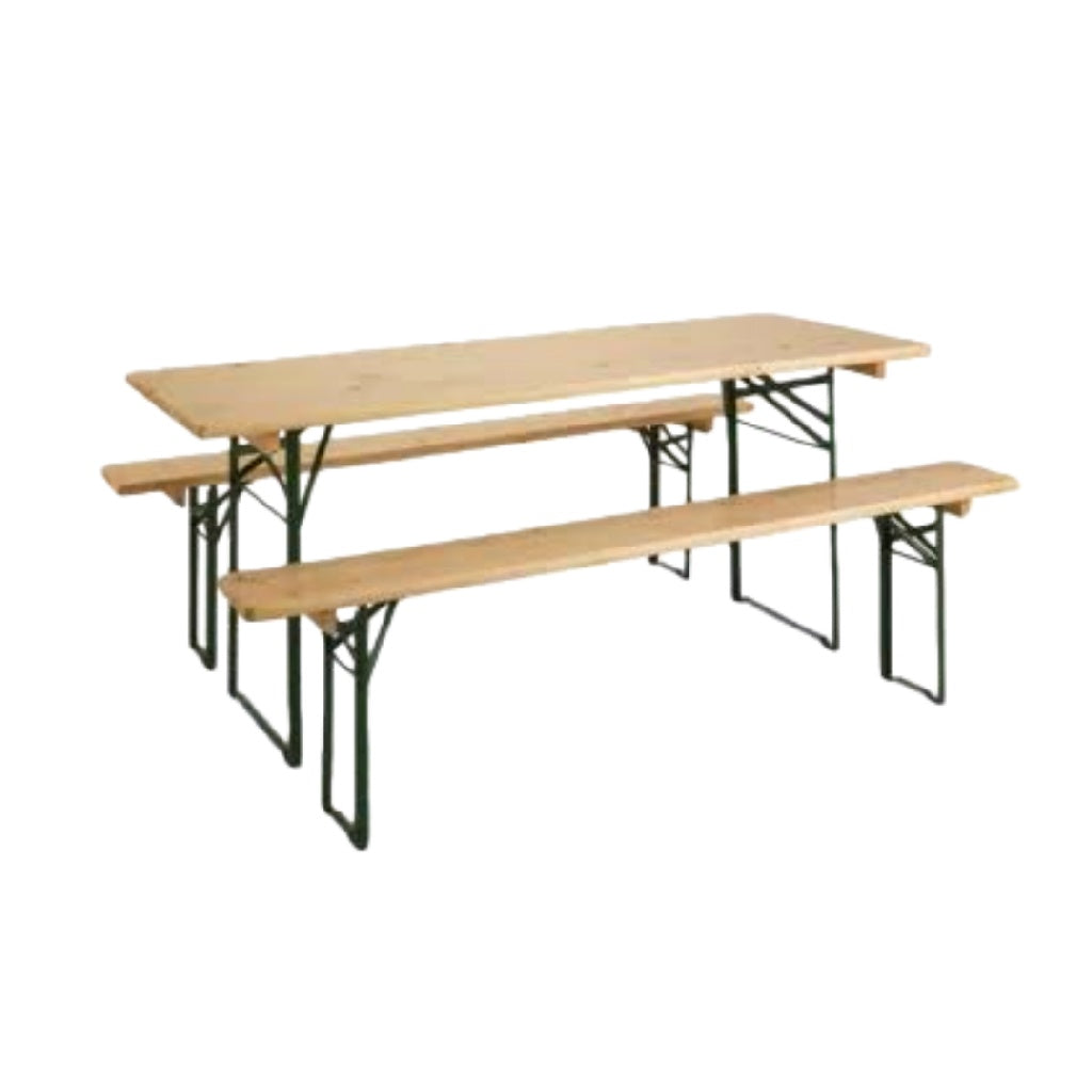 Ensemble de table de bière 3 pièces – table + 2 bancs pliants – bois de pin et acier