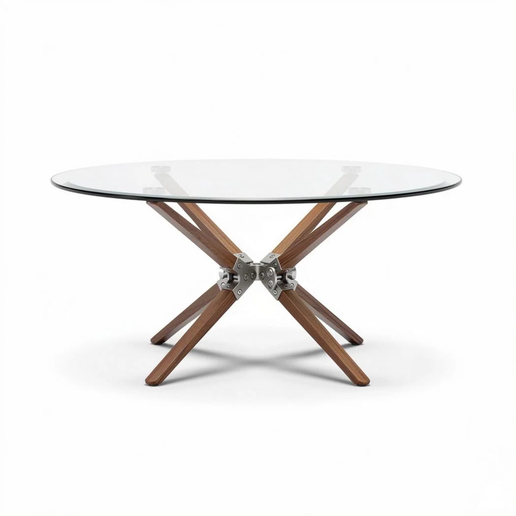 Table ronde en verre avec base en bois couleur naturelle 70 x 70 x 75cm