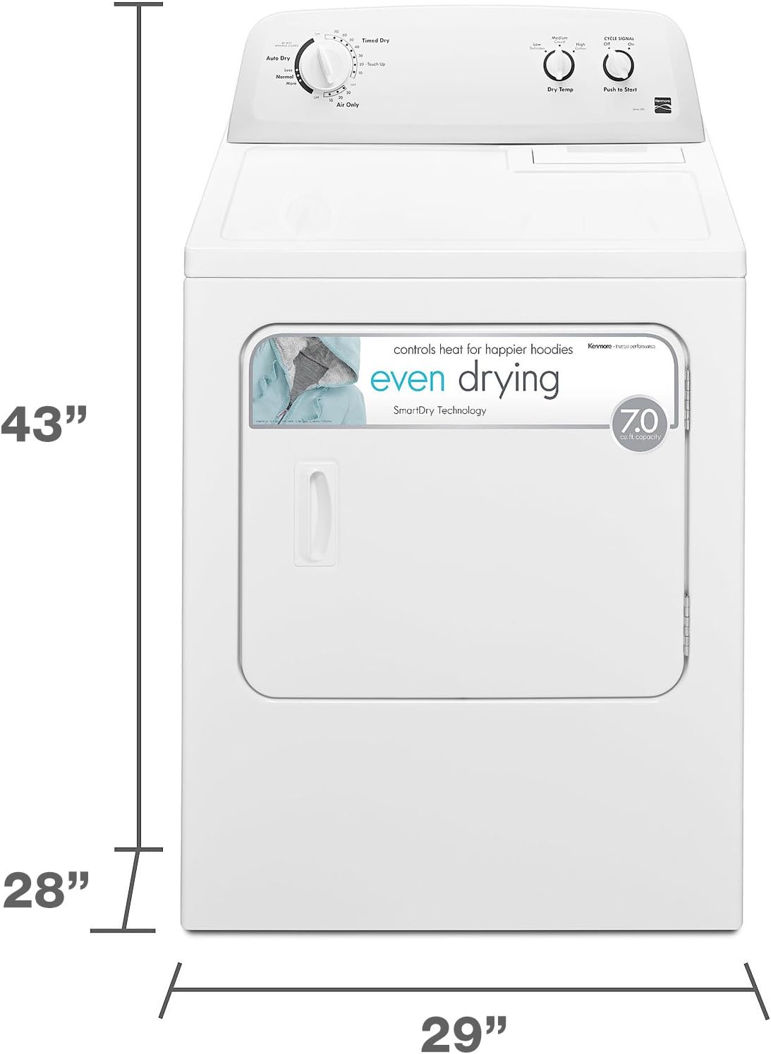Sèche-linge électrique Kenmore à chargement frontal de 74 cm (29 po) avec protection anti-froissage et capacité totale de 198 litres (7 pi³), blanc