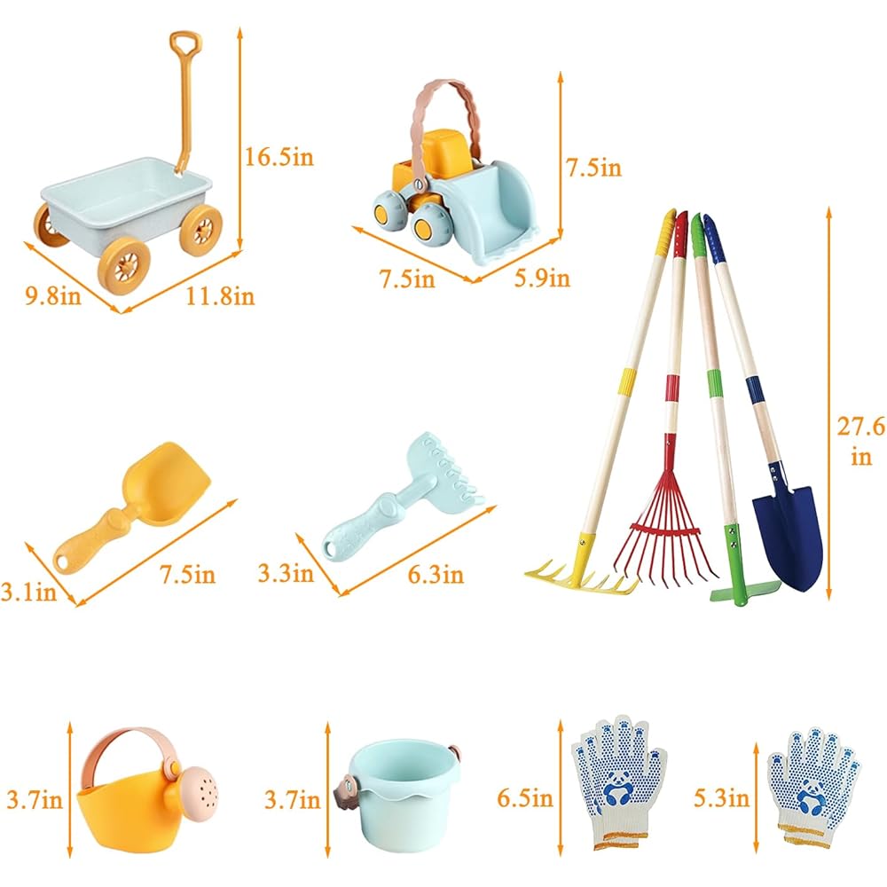 Mostop Kit d'outils de jardinage pour enfants - Jouet avec brouette, pelle en métal, râteau, râteau, chariot de jardin extérieur, cadeau d'anniversaire pour garçons et filles de 4 à 8 ans : Jeux et Jouets