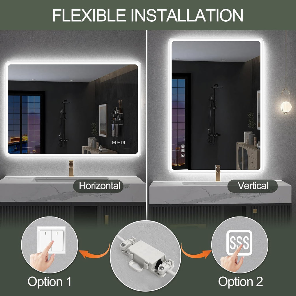 Miroir de salle de bain S'bagno avec éclairage 1200 x 700 mm, IP44, LED, Bluetooth, antibuée, 3 couleurs de lumière (3 000 K, 4 000 K, 6 500 K), intensité variable, mémoire, vertical ou horizontal. Miroirs de salle de bain avec LED.