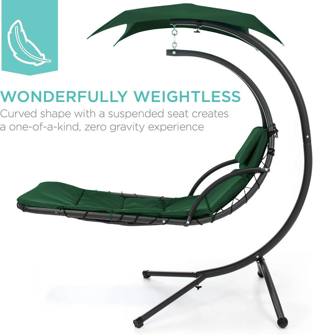 Chaise longue suspendue d'extérieur Best Choice Products – Fauteuil à bascule incurvé en acier avec coussin intégré et auvent amovible – Gris anthracite