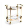 Chariot de bar ovale en verre et métal doré avec roulettes