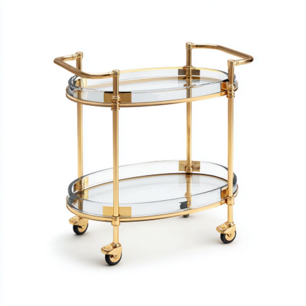Chariot de bar ovale en verre et métal doré avec roulettes