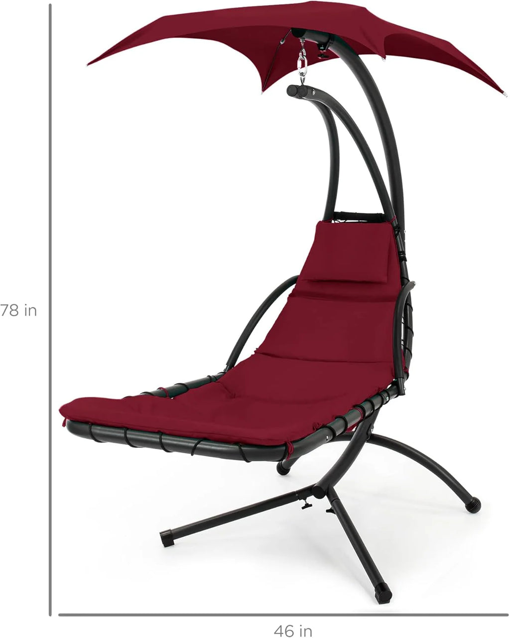 Chaise longue suspendue d'extérieur Best Choice Products – Fauteuil à bascule incurvé en acier avec coussin intégré et auvent amovible – Gris anthracite