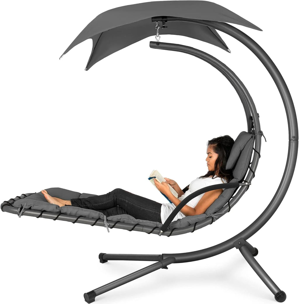 Chaise longue suspendue d'extérieur Best Choice Products – Fauteuil à bascule incurvé en acier avec coussin intégré et auvent amovible – Gris anthracite